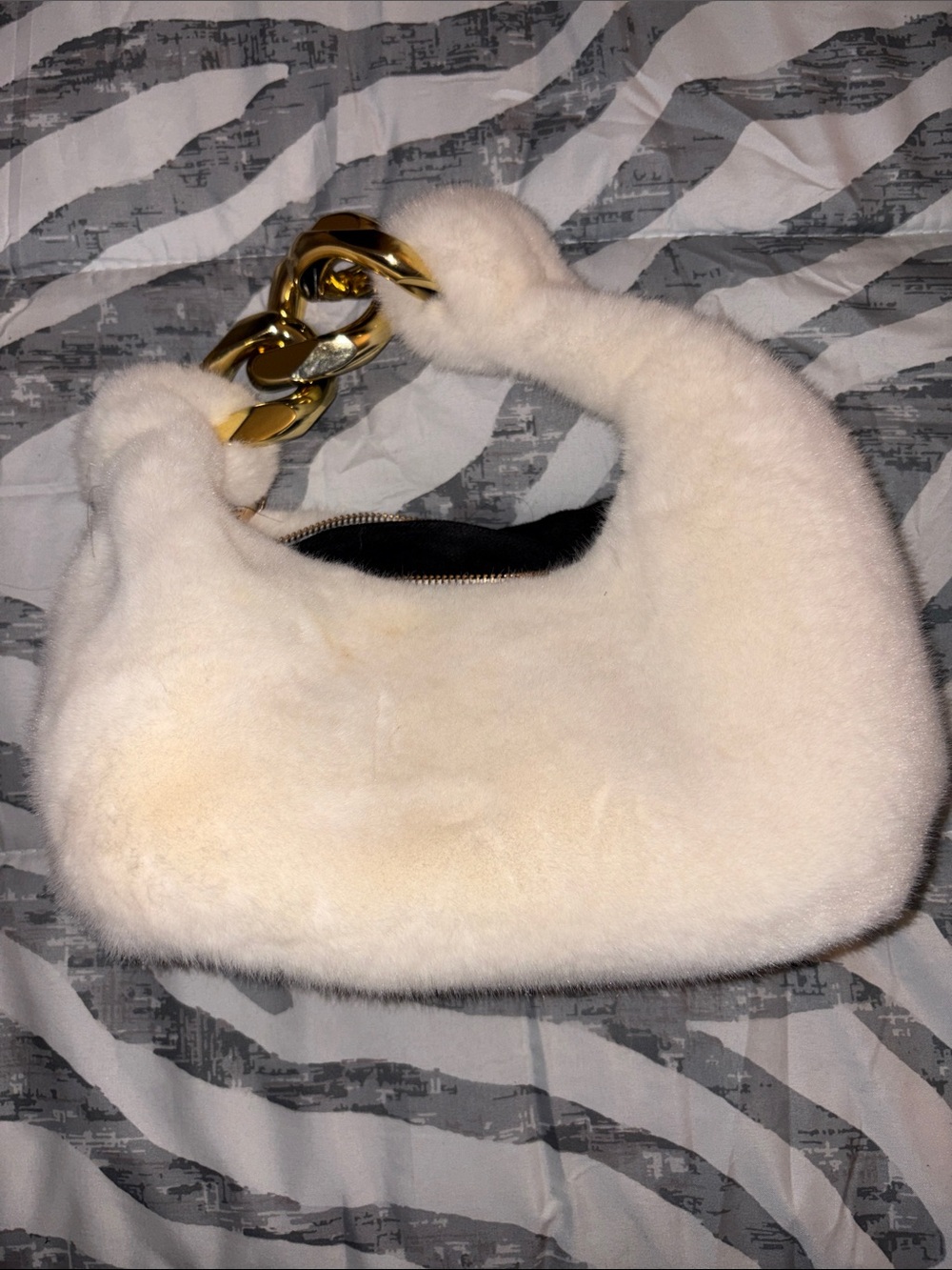 Plush Faux-Fur Cream Shoulder Bag with Gold Chain